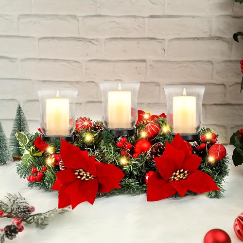 Vista 7 de Sliner Candelabro de Navidad para centro de mesa, candelabro de cristal de flor de pascua de Navidad, candelabro romántico para decoración de mesa