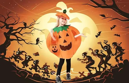 Vista 6 de Disfraz de calabaza de Halloween para niños conjunto de disfraz de calabaza y Halloween con bolsa de mano de calabaza y sombrero para fiesta