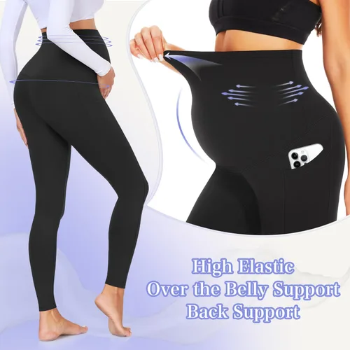 Vista 5 de GROTEEN Paquete de 3 leggings de maternidad para mujer, sobre el vientre, con bolsillos, súper suaves, para entrenamiento, embarazo, yoga