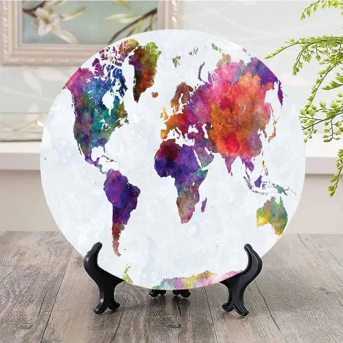 Vista 2 de Platos decorativos, adorno con estampado de acuarela, mapa del mundo dibujado a mano multicolor de Asia, 10 pulgadas, decoración de pared de cocina