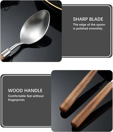 Vista 3 de Ouliget Cuchara de mango de madera retro, cucharadas de servir de acero inoxidable, cuchara de madera, cubiertos plateados con mango marrón, 4