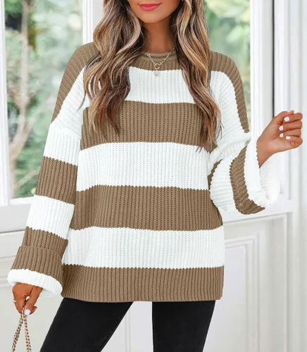 Vista 2 de ZESICA Suéter tejido sin botones de manga larga y cuello redondo, a rayas, bloques de color, cómodo, holgado, talla extragrande para mujer de 2024
