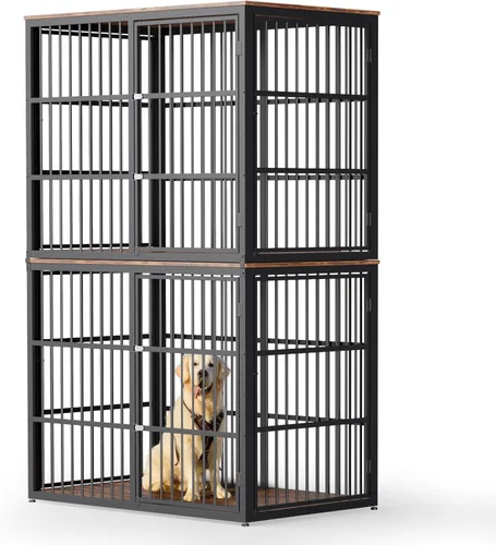 Vista 10 de Lyromix Mueble apilable para perros de 43 pulgadas, para razas grandes con habitaciones dobles, jaula de madera para perros, perrera resistente