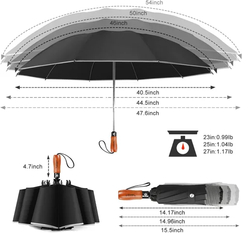 Vista 2 de Lejorain Golf Large Inverted Umbrella - Black Big Windproof Heavy Duty Upside Down 46/50/54 Inch Compact Reverse Car Automatic Folding Reflective