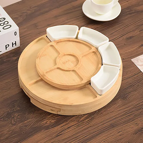 Vista 5 de Juego de tabla de queso de bambú y cuchillos, plato redondo para servir charcutería con plato de mármol y cuenco de cerámica, juego de queso