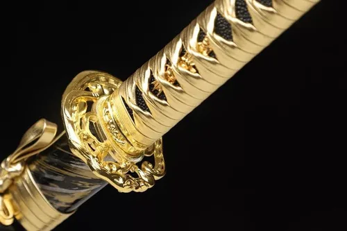Vista 6 de Katana dorada hecha a mano, espada samurái japonesa 1095 de arcilla de acero templada, hoja de afeitar de espiga completa, afilada, regalos para él