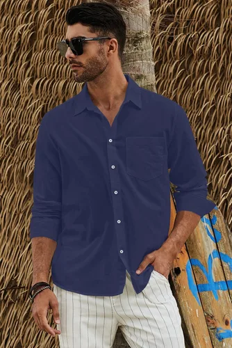 Vista 5 de JMIERR Camisa de vestir de manga larga con botones y lino de algodón para hombre