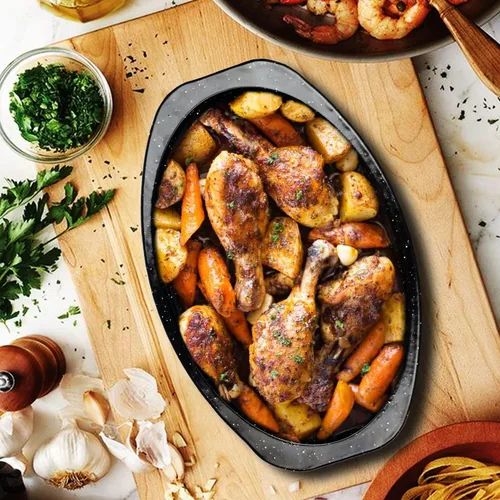 Vista 5 de JY COOKMENT Sartén para asar granito, pequeña sartén esmaltada de 13 pulgadas con tapa abovedada. Olla ovalada para pavo, sartén para asar, ideal