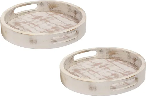 Vista 2 de Bandeja decorativa para mesa de café, juego de 2 bandejas redondas de madera para sala de estar, otomana de madera o mesa auxiliar, bandeja
