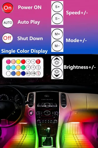 Vista 4 de Luces interiores de automóvil RGB Muto-Beam 4 tiras de luz LED multicolor para automóvil con control de aplicación, luces RGB con modo de bricolaje