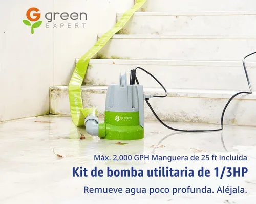 Vista 2 de Green Expert - Kit de bomba sumergible de sumidero de 1/3 HP con manguera de descarga plana de 25 pies, bomba con manguera, sensor de agua, bomba