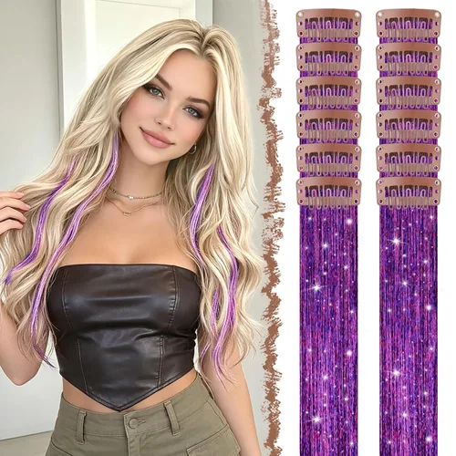 Vista 27 de FESHFEN Juego de 12 extensiones de cabello con clip, color negro, con clip, con purpurina, kit de accesorios coloridos para mujeres, de 20 pulgadas