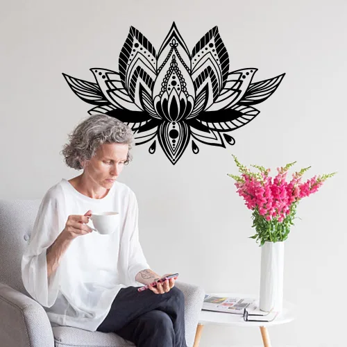 Vista 4 de SUPERDANT Calcomanía de pared con diseño de mandala negro, diseño de loto para sala de yoga, religiones, decoración de habitación preppy, decoración