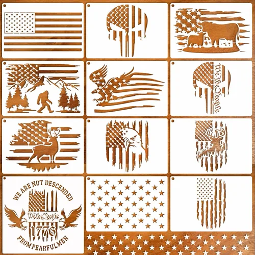 Vista 8 de 12 piezas Plantilla de bandera americana Plantilla de estrella para pintar Unión 50 estrellas 1776 Militar Nosotros el pueblo Plantilla para quemar
