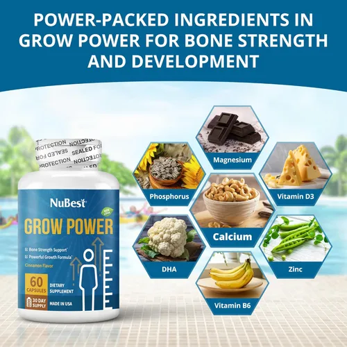 Vista 2 de NuBest Grow Power - Suplemento de calcio, suplemento de magnesio con vitamina D3, B6, zinc, fósforo y multivitamínico para huesos fuertes, salud