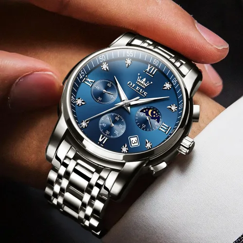 Vista 2 de OLEVS Watch for Men Diamond Business Dress Analog Quartz Stainless Steel Waterproof Luminous Date Two Tone Luxury Casual Wrist Watch Blue