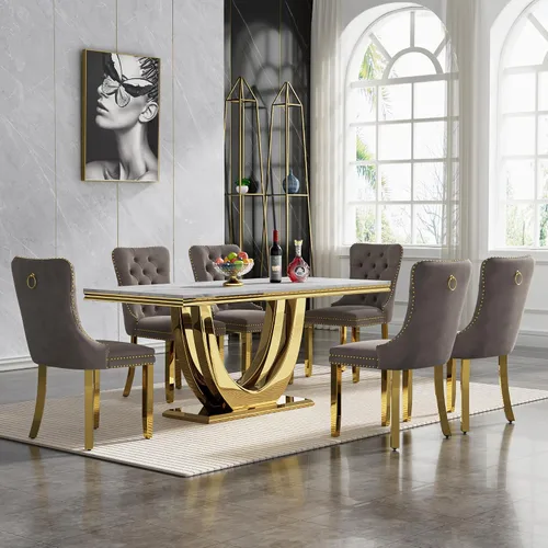 Vista 74 de Juego de mesa de comedor de mármol sintético, 7 piezas, juego de mesa de cocina y comedor para 6, mesa de comedor rectangular blanca de 70 pulgadas
