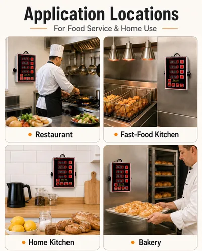Vista 6 de Temporizador de cocina digital comercial de 4 canales, temporizador de cálculo de acero inoxidable con alarma fuerte para restaurante, recordatorio
