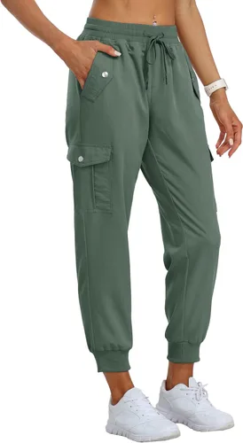Vista 2 de MoFiz Pantalones cargo para mujer, ligeros, con cintura elástica, pantalones deportivos de senderismo, pantalones casuales de viaje con bolsillo