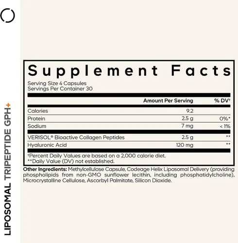 Vista 2 de Codeage Suplemento de tripéptido liposomal GPH+ - Verisol Bioactive Beauty Collagen Peptides - Ácido hialurónico - Apoyo a la estructura de la piel