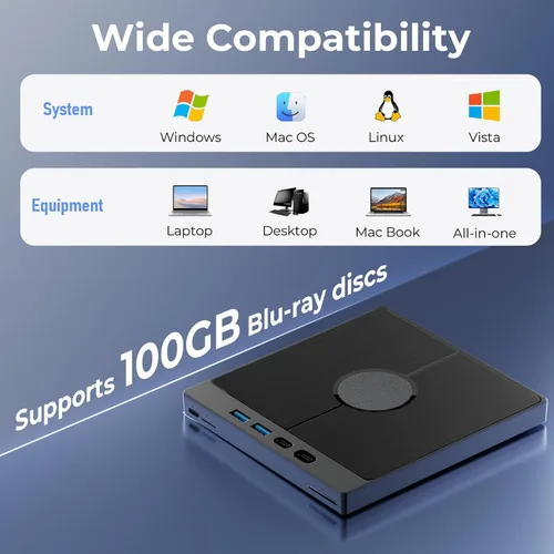 Vista 7 de Unidad Blu-ray externa 7 en 1, compatible con quemador Bluray externo de 100 G, Blueray/DVD externa para PC con puertos de tarjeta USB