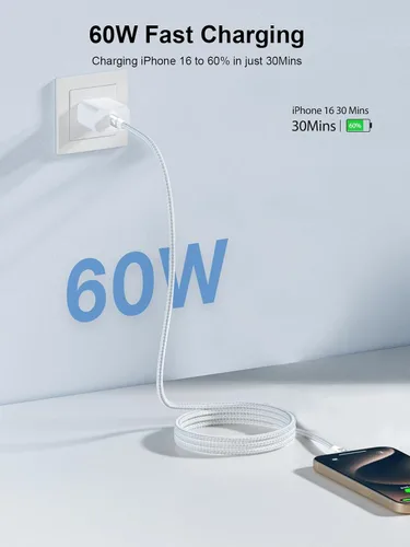 Vista 3 de Aioneus Cable USB C a USB C de 60 W, 6 pies, cable C a C, cable de carga rápida para iPhone17, cargador USB tipo C, cable de carga trenzado USBC a