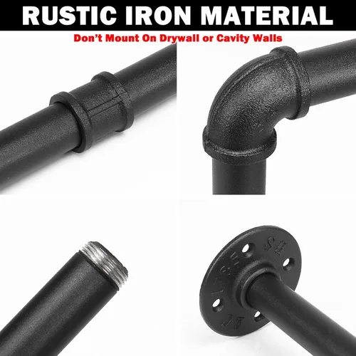 Vista 3 de Livabber Perchero Industrial de Tubería para Ropa, Perchero de Hierro Resistente Desmontable Montado en Pared, Barra de Ropa Rústica que Ahorra