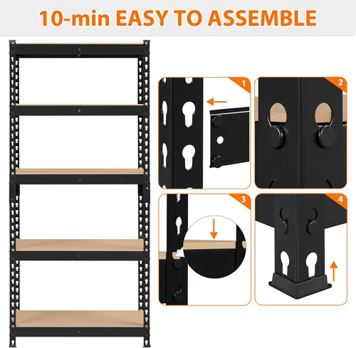 Vista 5 de Topeakmart Estantes utilitarios de 5 niveles, estantes de almacenamiento de metal, estanterías ajustables, montaje sin tornillos, estantes de Negro