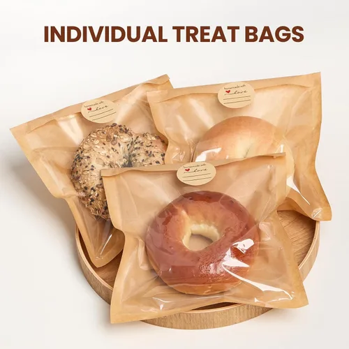 Vista 6 de ZORRITA Bolsas de panadería termosellables con ventana, paquete de 200, 7.1 x 7.5 pulgadas Papel Kraft, resistente a la grasa, bolsas de bagel