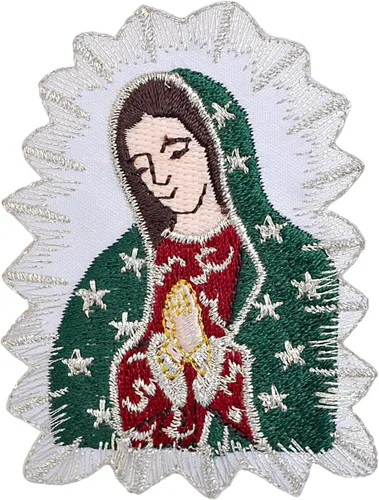 Vista 2 de Parche bordado para bautizo con la Virgen María Nuestra Señora de Guadalupe para planchar (palabra dorada en inglés 3 x 2.75)