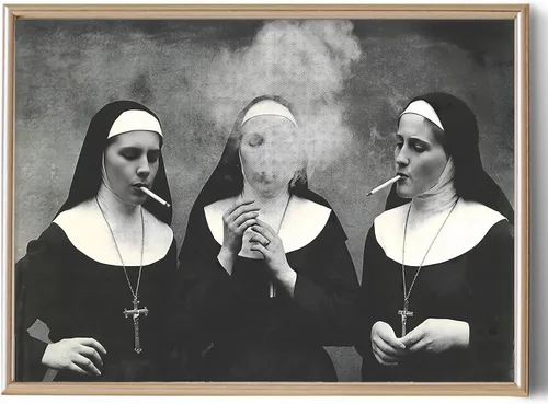 Vista 8 de Black and White Nuns Smoking Wall Art Wall Art Funky Aesthetic Prints Women Portrait Painting Vintage Trendy Wall Art Modern Smoking Nuns Print