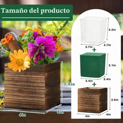 Vista 2 de Dandat Juego de 12 Macetas Cúbicas de Madera, Maceta Cuadrada de Madera Estilo Rústico con Forro de Plástico Desmontable, Bloques de Espuma Floral