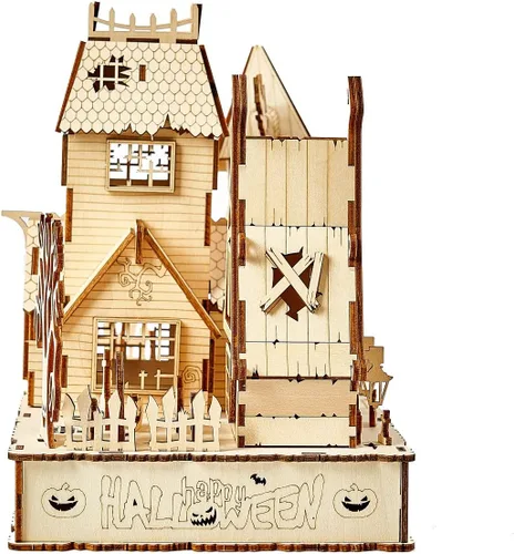 Vista 8 de Rompecabezas de madera 3D para Halloween, incluye tira de luz, rompecabezas y rompecabezas para Halloween/cumpleaños, regalos para adultos