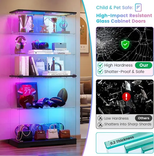 Vista 5 de Vitrina de cristal de 5 niveles con luz RGB y sensor de movimiento Negro
