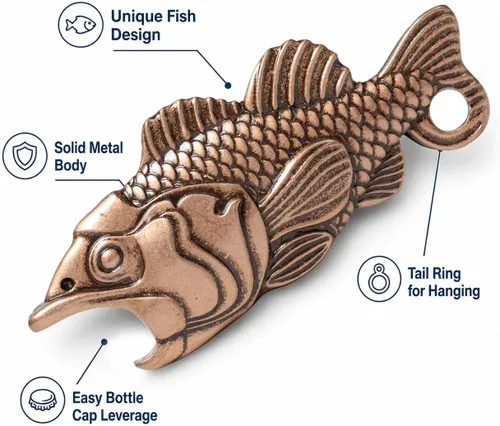 Vista 4 de Abrebotellas de pescado para hombres – Abrebotellas de pesca de cobre antiguo, abridor detallado de cerveza de bajo de boca grande, regalo