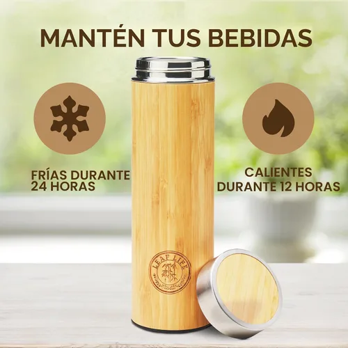 Vista 3 de LeafLife Botella de Té de Bambú Premium para Té Suelto - Botella Infusora de Té - Regalos de Té - Botella de Agua Aislada/Vaso de Café/Té - Set