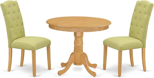 Vista 13 de East West Furniture ANCE3-LWH-15 - Juego de mesa de comedor moderno de 3 piezas que contiene una mesa de cocina redonda con pedestal y 2 sillas