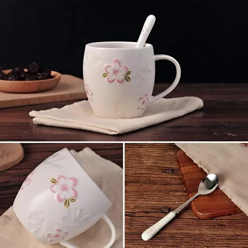 Vista 3 de Taza de té Kawaii con tapa y cuchara, taza de café de flor de cerezo, bonita taza de té de cerámica, el mejor regalo para mujeres, ella, hermana