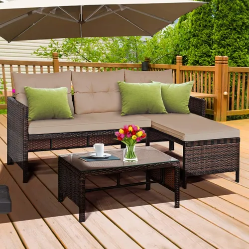 Vista 3 de DORTALA Juego de muebles de mimbre para patio, sofá de 3 piezas, sofá seccional de ratán de polietileno en forma de L, juego de conversación