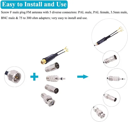 Vista 3 de Fancasee Antena FM universal Base magnética 75 Ohm Tornillo F macho enchufe con PAL BNC 0.138 in y adaptador de 75 a 300 ohmios conector coaxial