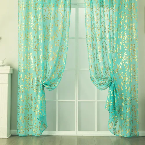Vista 6 de Deeprove Cortinas traslúcidas color aguamarina y dorado de 63 pulgadas de largo, 2 paneles para decoración de dormitorio, cocina, decoración
