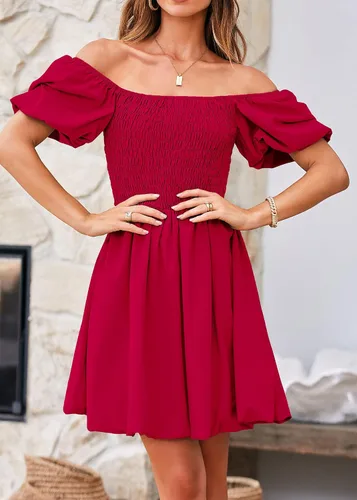 Vista 4 de KIRUNDO Vestido corto de verano para mujer, cuello cuadrado, manga abombada, hombros descubiertos, volantes, acampanado, con volantes