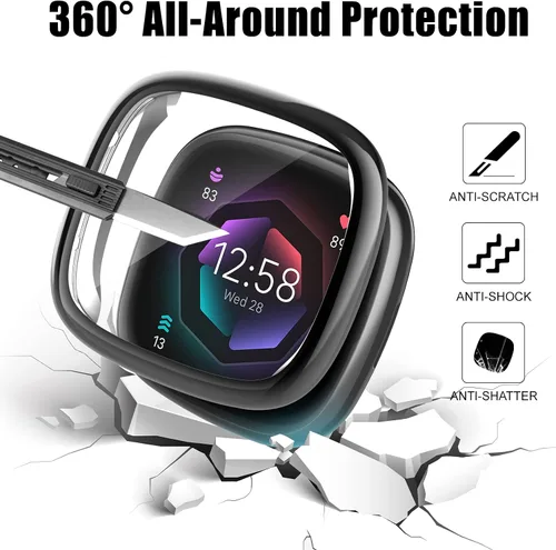 Vista 4 de Protector de pantalla compatible con Fitbit Sense 2/Versa 4 Carcasa, Carcasa de TPU suave plateada, Protector de pantalla protectivo integral