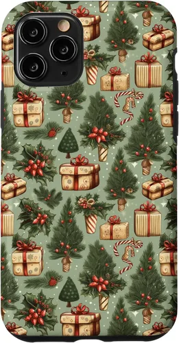 Vista 29 de Vintage Christmas Theme Holiday Trees, Presents, Teal, Bows Case for iPhone 17