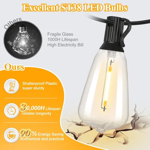Vista 2 de 50FT Outdoor String Lights 27 Bulbs, Waterproof Patio Lights (Pack of 2)