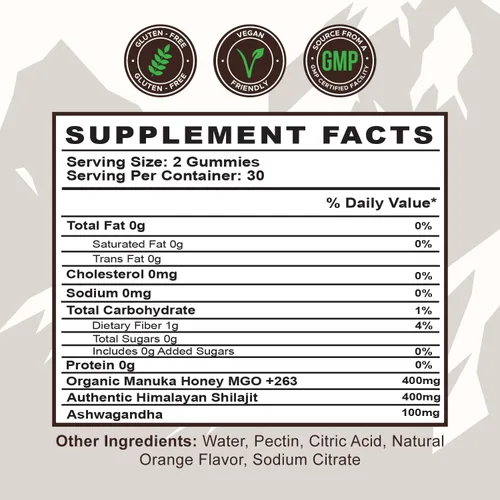 Vista 3 de Detox Organics Gomitas Shilajit - Auténtica mezcla de Shilajit con Ashwagandha del Himalaya y miel de manuka orgánica endulzada - Hechas