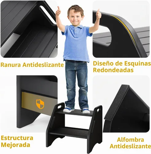Vista 3 de AMBIRD Taburete de madera – Capacidad de dos pasos de 300 libras con almohadillas antideslizantes de seguridad y asas, bambú para baño, cocina Negro