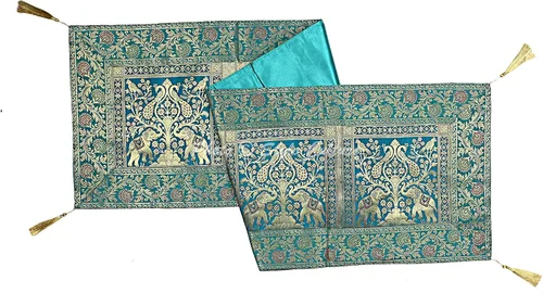 Vista 3 de Brocade - Camino de mesa de café jacquard verde oscuro, rectangular, bohemio, tradicional, decoración de sala de estar, elefante pavo real, mantel