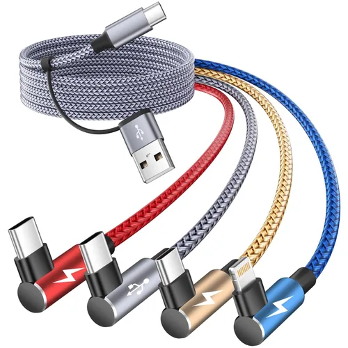 Vista 9 de Cable USB A/C a USB C en ángulo recto, cable de carga trenzado tipo C de 90 grados, cable de carga USB C 4 en 2, cable de carga universal