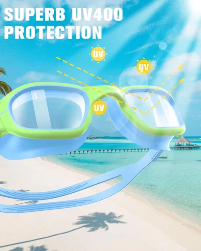 Vista 2 de Kids Swim Goggles with Silicone Swim Cap, Swimming Goggles Cap Set for Kids 6-14, Anti-Fog Anti-UV for Boys Girls
